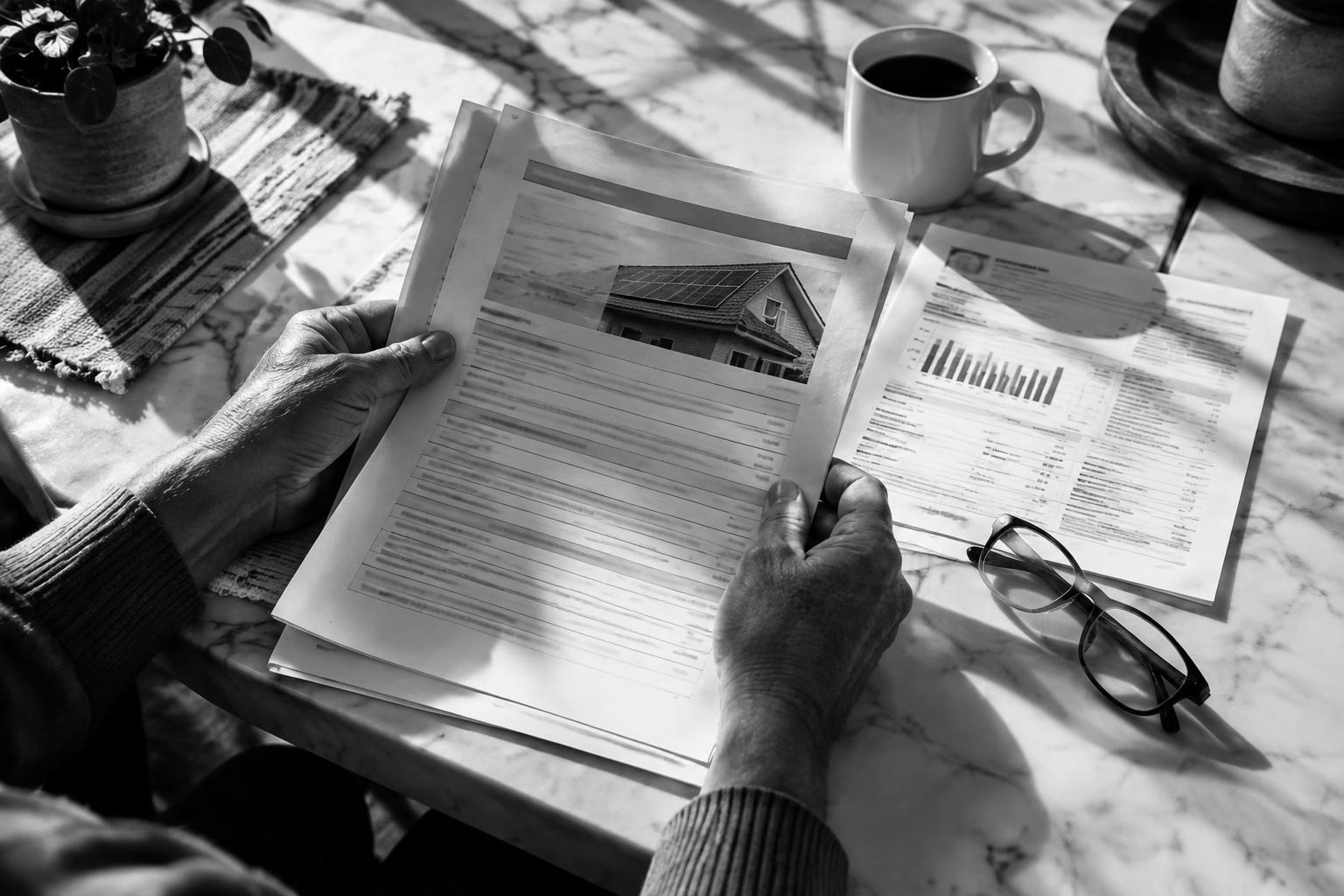 Homeowner sorting solar paperwork