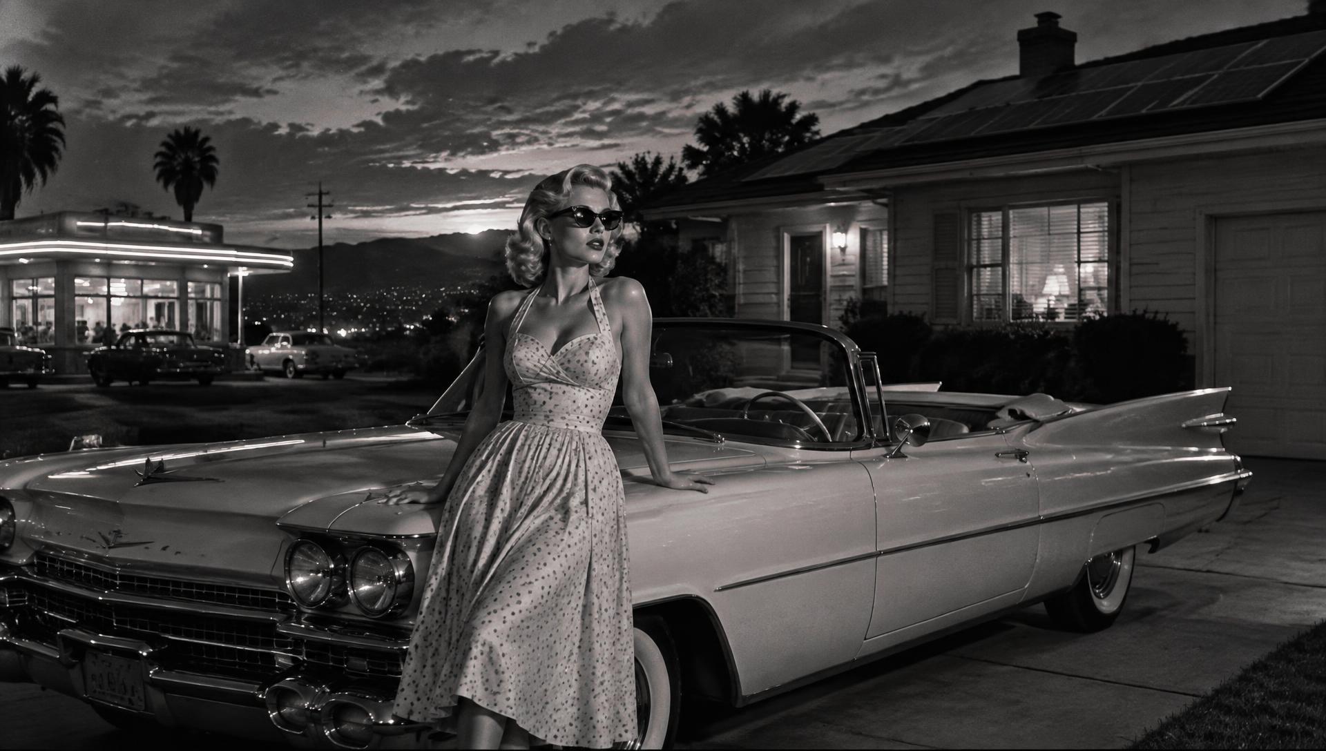 Classic 1950s convertible parked outside a home with rooftop solar
